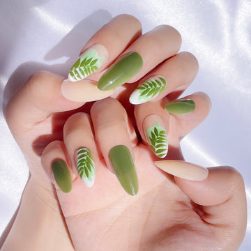 OPOOLA Almond Press on Nails Medium,Green leaf,OPOOLA Rainbow Jelly Soft Gel Fake Nails for Women Fit Natural,  Stick on Nails Reusable, 24pcs False Nails with Design Glue Art Kit